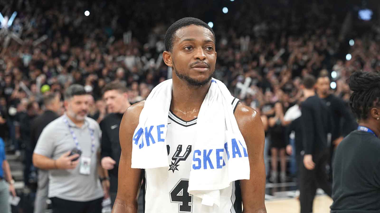 San Antonio Spurs guard De’Aaron Fox (4) after a victory over the Portland Trail Blazers in game five of the first round of the 2026 NBA Playoffs at Frost Bank Center.