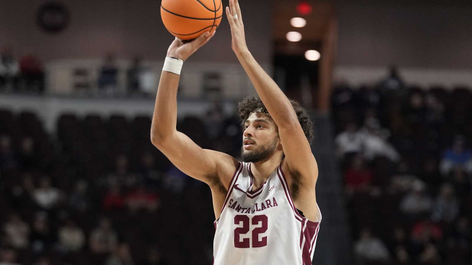 Santa Clara Broncos forward Allen Graves (22) shoots the basketball against the Pacific Tigers during the first half at Orleans Arena. 