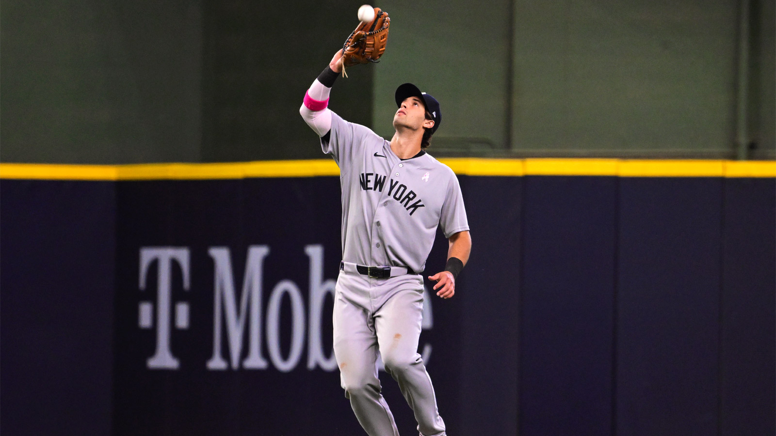New York Yankees right fielder Spencer Jones (78) catches ball hit by Milwaukee Brewers left fielder Jackson Chourio (not pictured) in the sixth inning at American Family Field. 