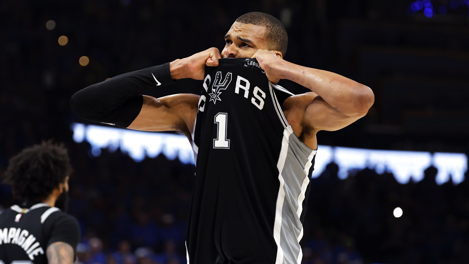 Spurs forward Victor Wembanyama (1) celebrates after defeating the Oklahoma City Thunder in game seven of the western conference finals for the 2026 NBA playoffs at Paycom Center