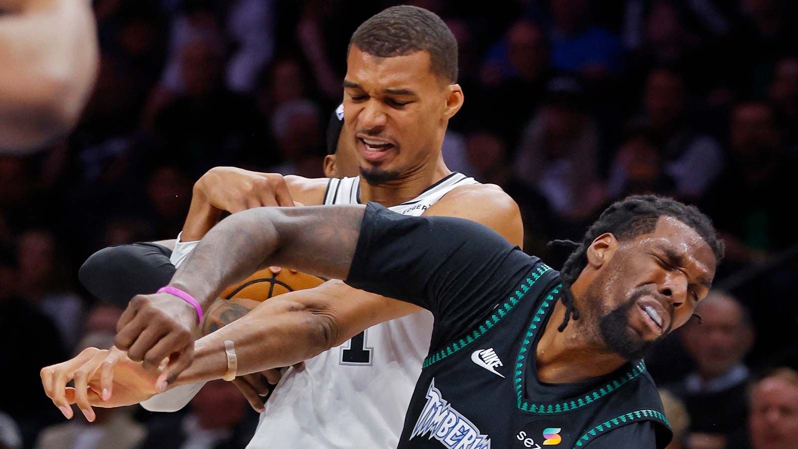 Spurs center Victor Wembanyama (1) commits a level two flagrant foul