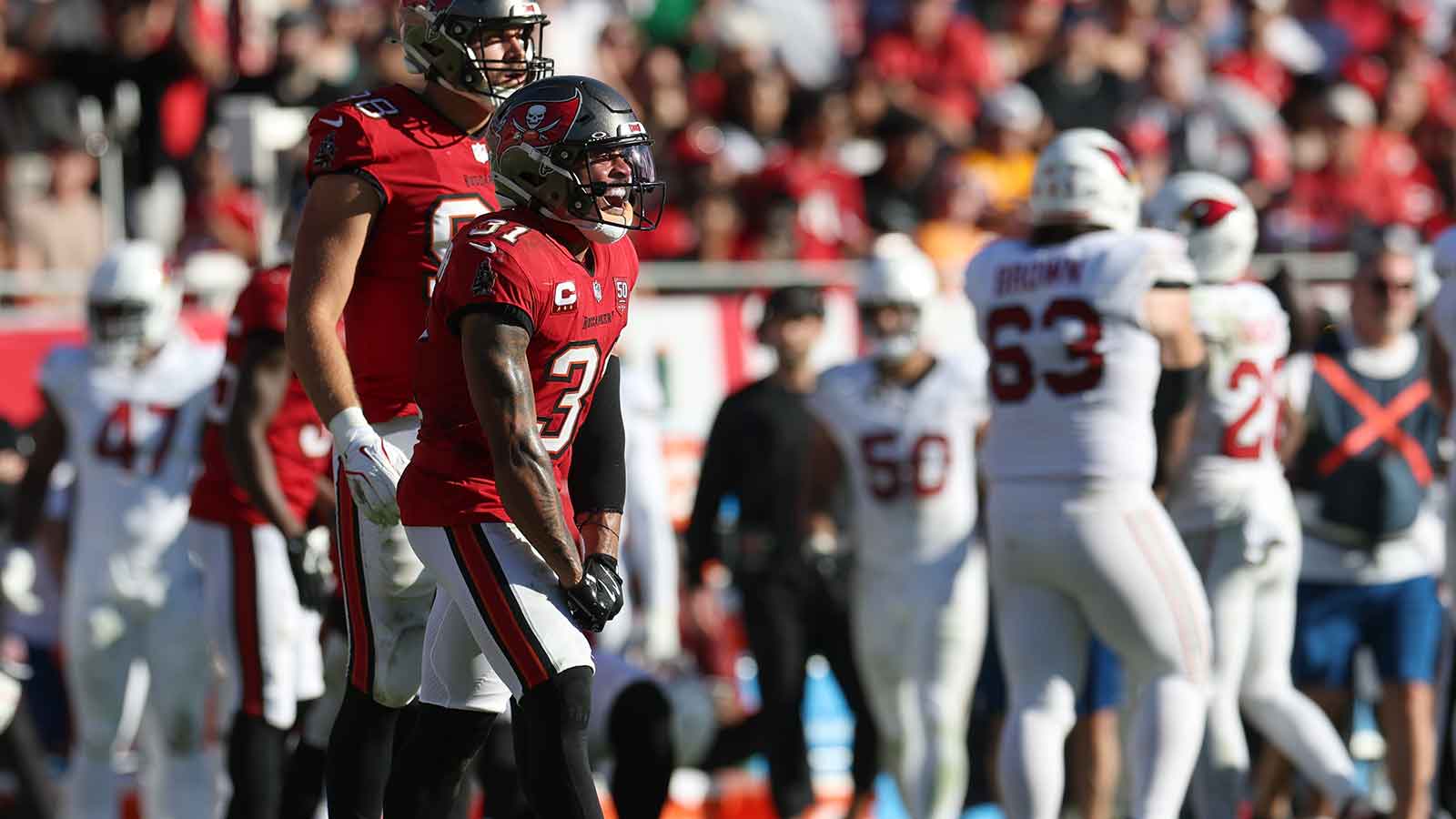 Tampa Bay Buccaneers safety Antoine Winfield Jr. (31) reacts after a play during the second half against the Arizona Cardinals at Raymond James Stadium.