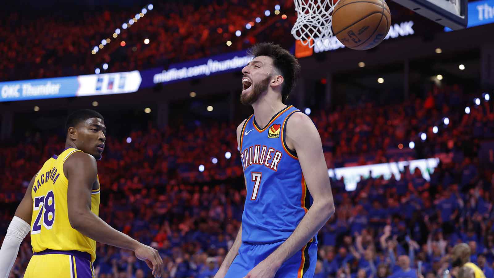 Thunder center Chet Holmgren (7) celebrates after a dunk against the Los Angeles Lakers in the second half during game one of the second round of the 2026 NBA Playoffs at Paycom Center