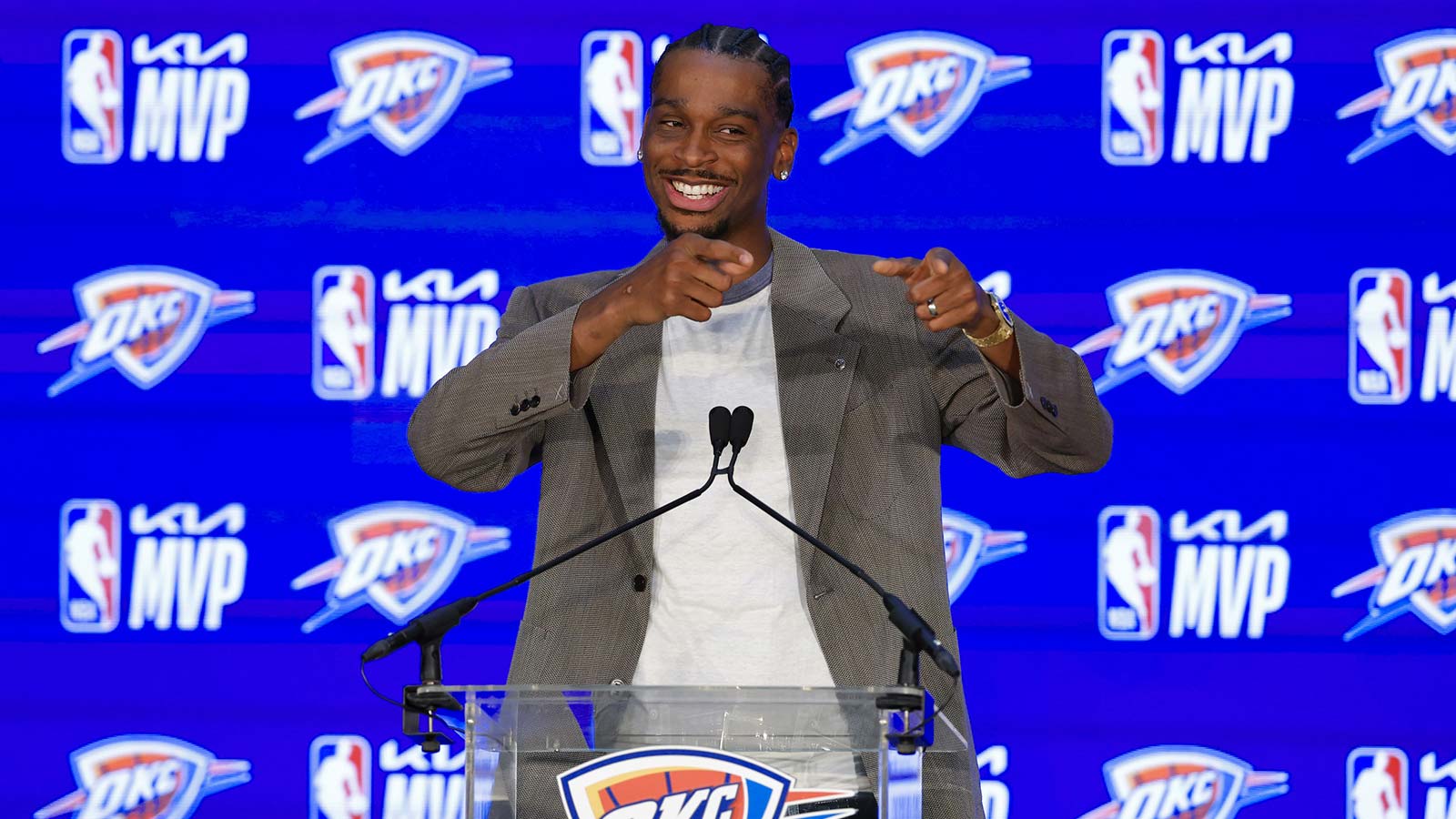 Thunder guard Shai Gilgeous-Alexander speaks during a press conference after the announcement he won the 2025-2026 NBA Most Valuable Player award