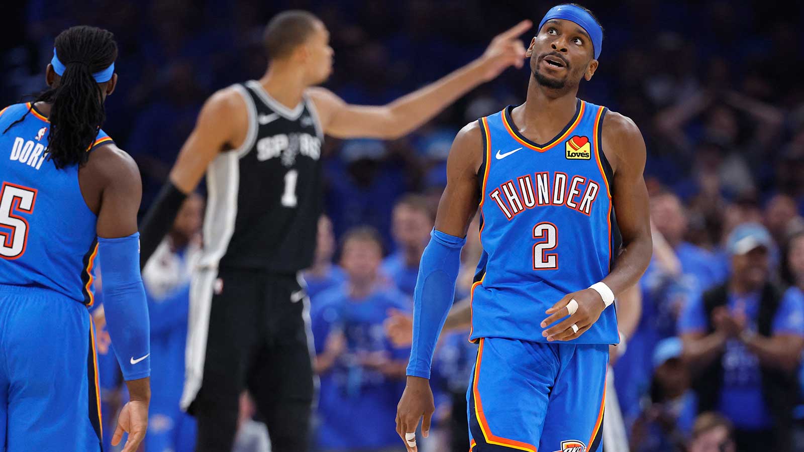 Thunder guard Shai Gilgeous-Alexander (2) reacts in the second quarter against the San Antonio Spurs during game seven of the western conference finals for the 2026 NBA playoffs at Paycom Center