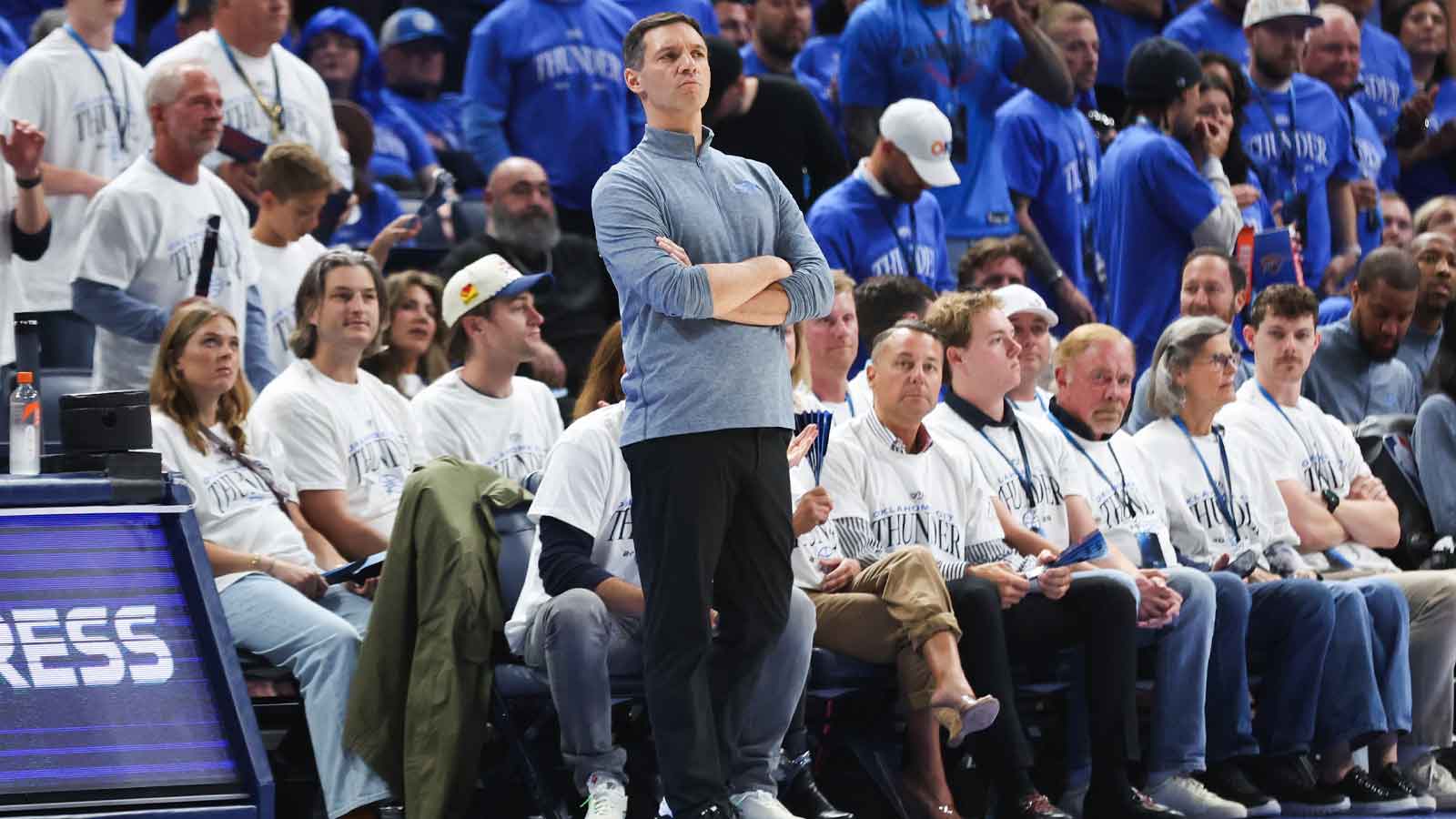 Thunder head coach Mark Daigneault looks on during the third quarter against the San Antonio Spurs during game two of the western conference finals for the 2026 NBA playoffs at Paycom Center