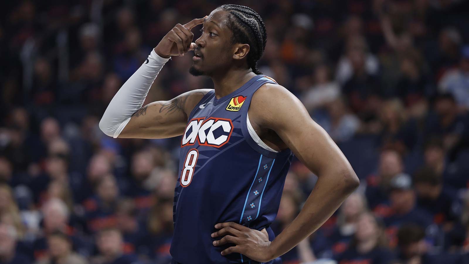 Thunder guard Jalen Williams (8) gestures to his team before a play against the Phoenix Suns in the first half during game two of the first round of the 2026 NBA Playoffs at Paycom Center