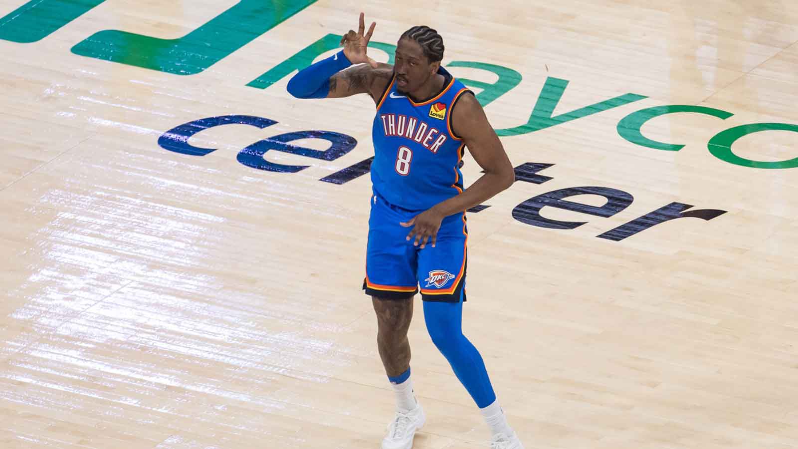 Thunder forward Jalen Williams (8) reacts in double overtime against the San Antonio Spurs during game one of the western conference finals for the 2026 NBA playoffs at Paycom Center