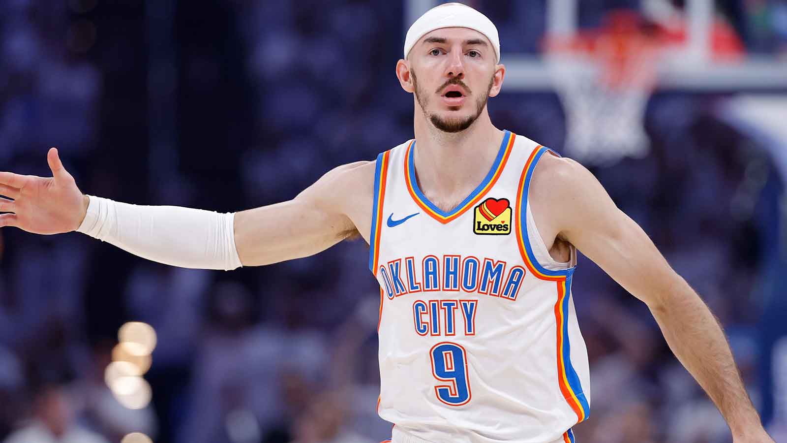 Oklahoma City Thunder guard Alex Caruso (9) reacts after a basket during the first quarter against the San Antonio Spurs in game five of the western conference finals for the 2026 NBA playoffs at Paycom Center.