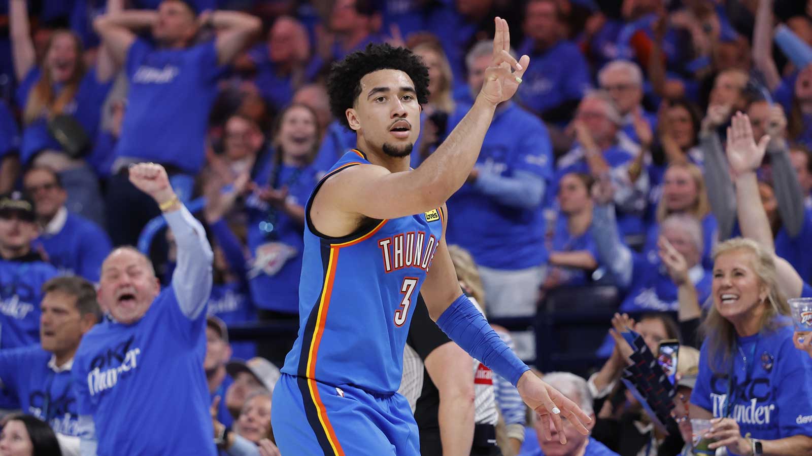 Thunder guard Jared McCain (3) gestures after scoring a three point basket against the Los Angeles Lakers in the second half during game one of the second round of the 2026 NBA Playoffs at Paycom Center