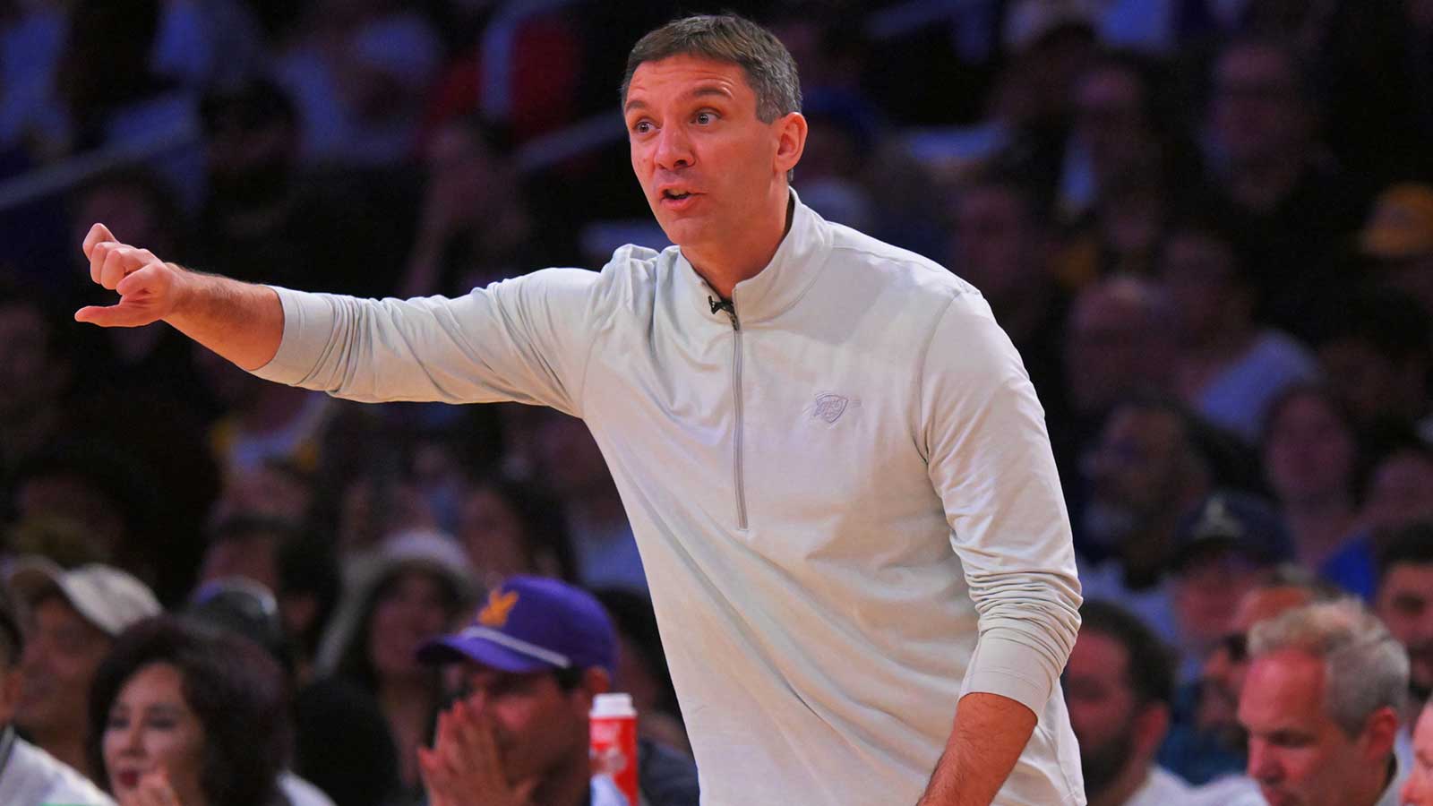 Thunder head coach Mark Daigneault instructs players in game three of the second round of the 2026 NBA Playoffs against the Los Angeles Lakers at Crypto.com Arena
