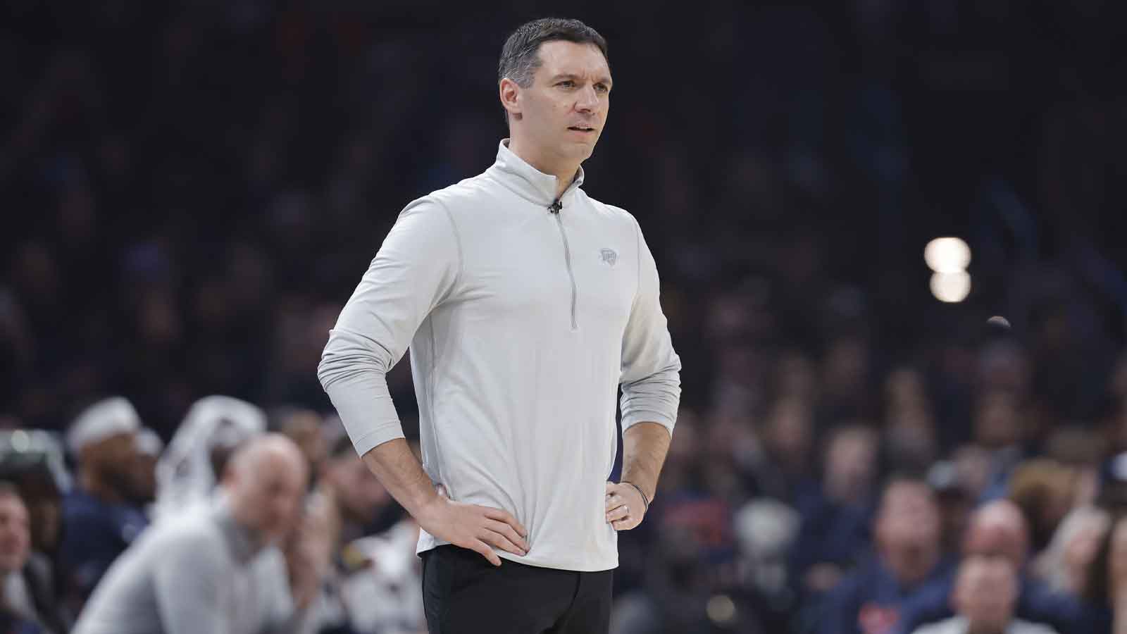 Thunder head coach Mark Daigneault watches his team play against the Phoenix Suns in the first half during game two of the first round of the 2026 NBA Playoffs at Paycom Center