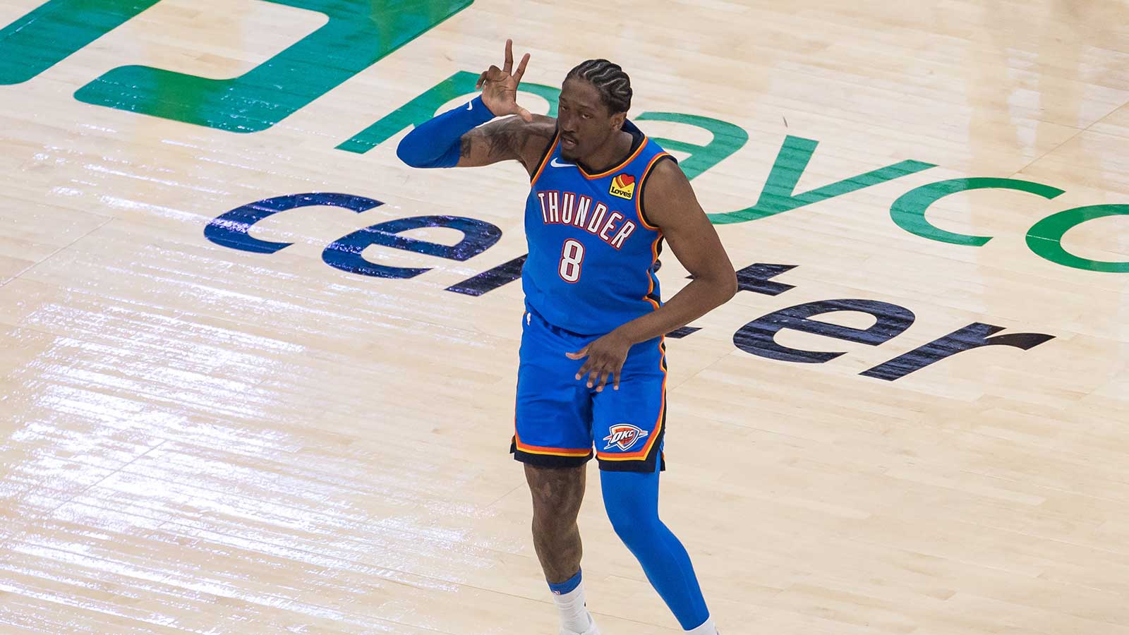 Oklahoma City Thunder forward Jalen Williams (8) reacts in double overtime against the San Antonio Spurs during game one of the western conference finals for the 2026 NBA playoffs at Paycom Center.