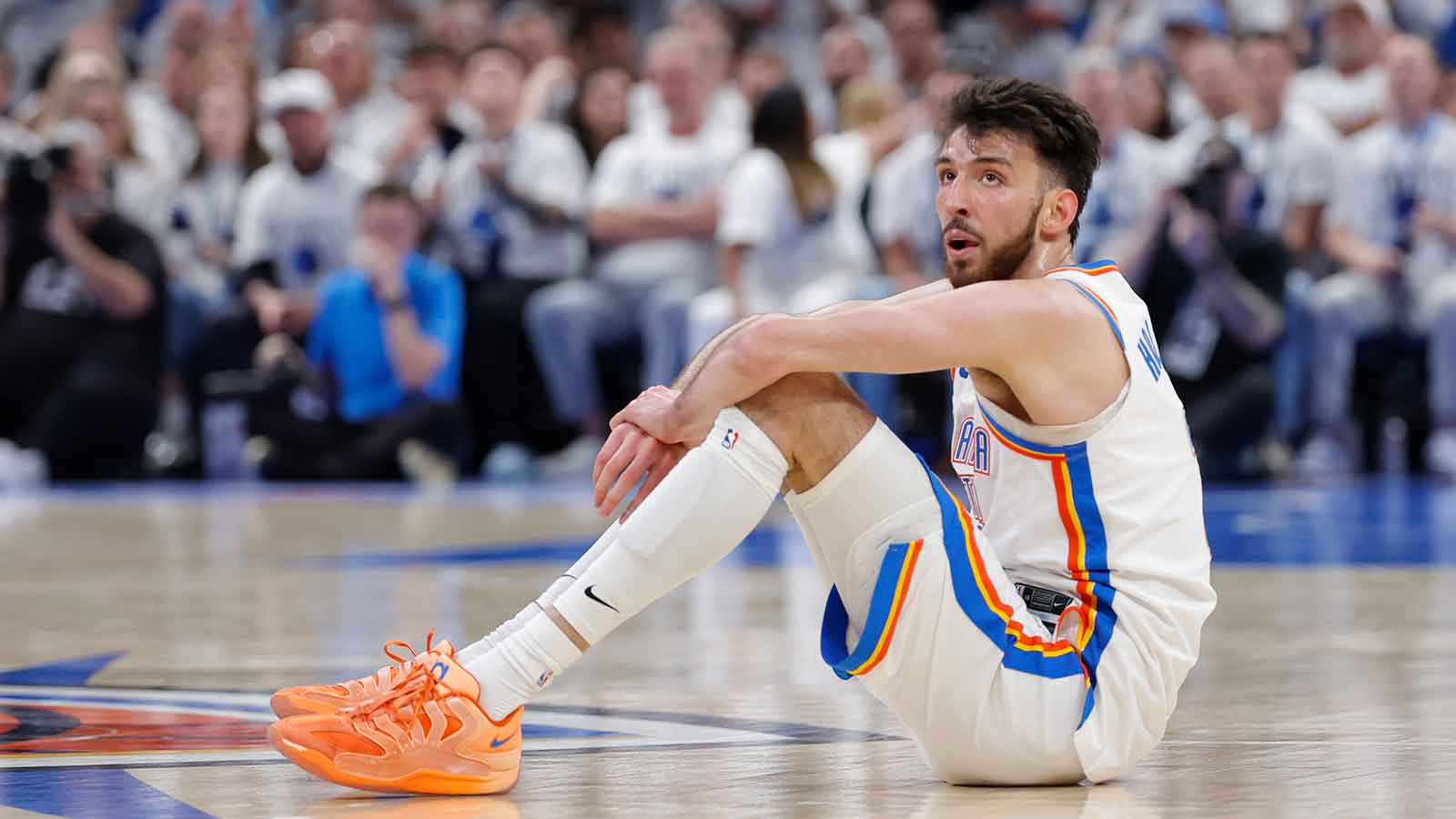 Thunder center Chet Holmgren (7) reacts after a play during the third quarter against the San Antonio Spurs in game five of the western conference finals for the 2026 NBA playoffs at Paycom Center
