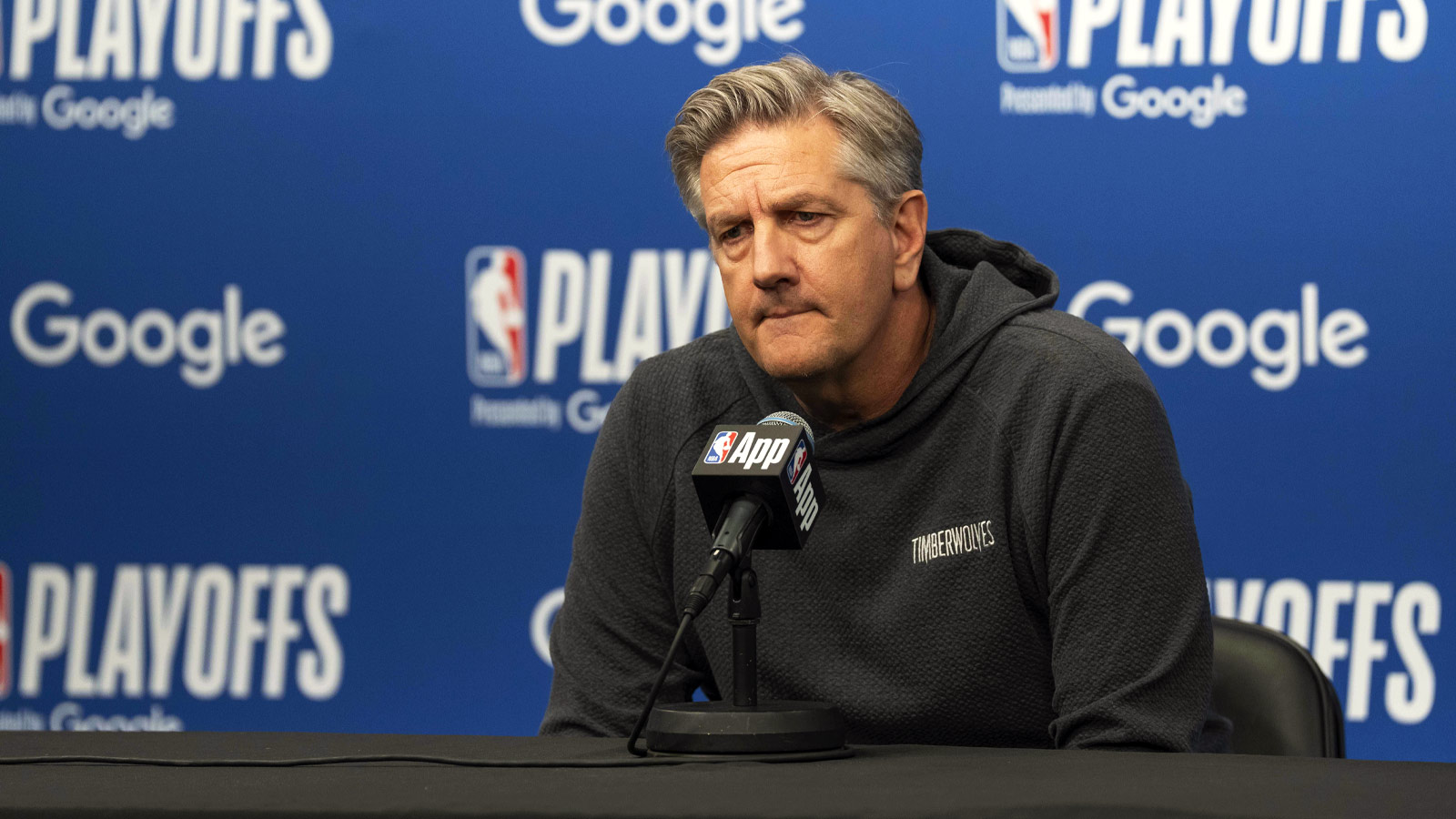 Timberwolves head coach Chris Finch talks during a press conference before game six of the first round of the 2026 NBA Playoffs against the Denver Nuggets at Target Center