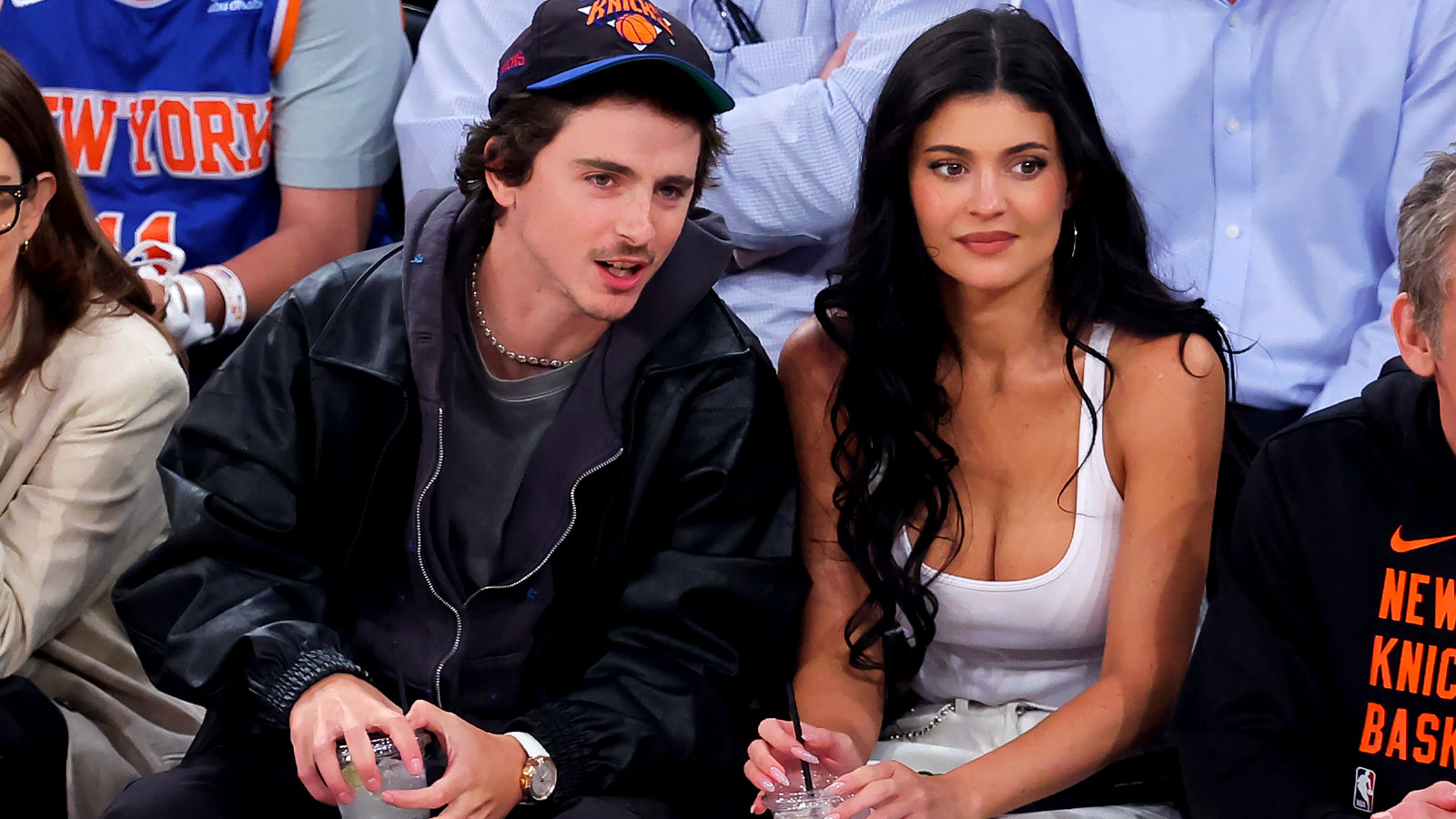 Timothée Chalamet and Kylie Jenner at a New York Knicks playoff game.