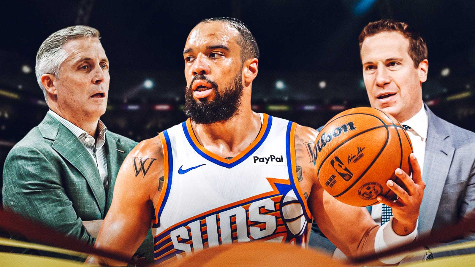 Dillon Brooks in a Phoenix Suns jersey looking hyped, with Suns general manager Brian Gregory to his left, and Suns owner Mat Ishbia to his right. There are dollar bag emojis and question marks around the image.