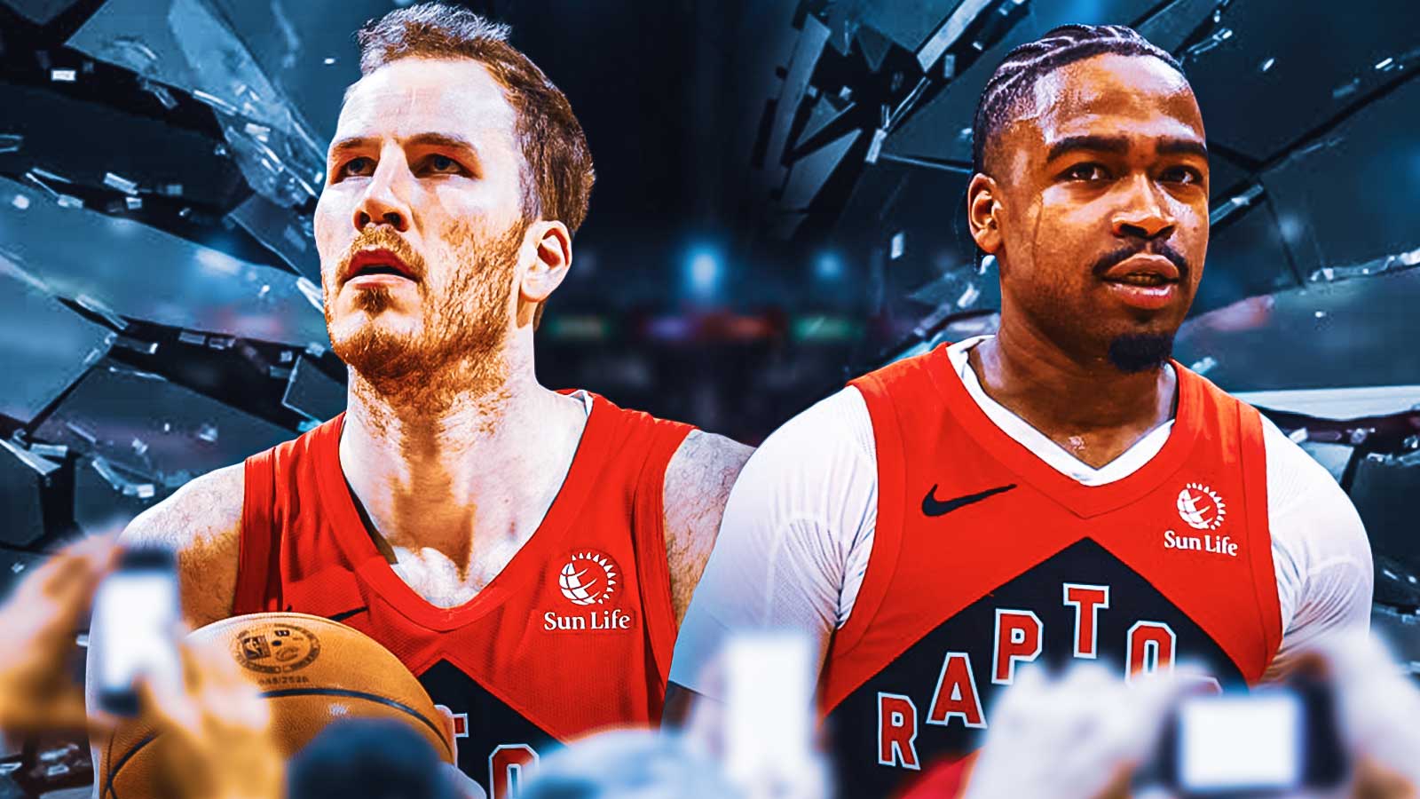 Jakob Poeltl and Jamal Shead beside each other, Broken glass in the background