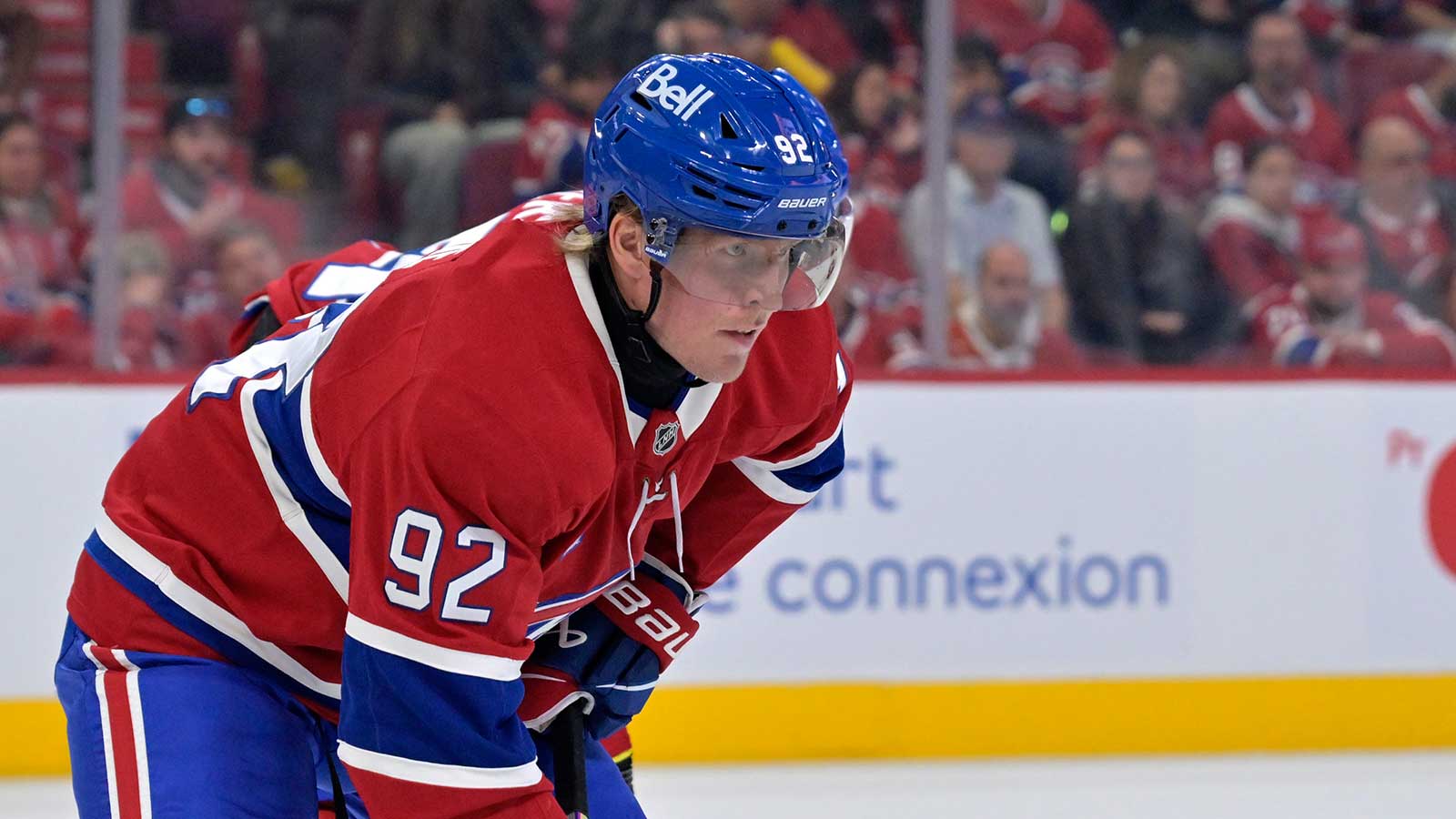 Montreal Canadiens forward Patrik Laine (92) prepares for a face off against the Seattle Kraken during the first period at the Bell Centre.
