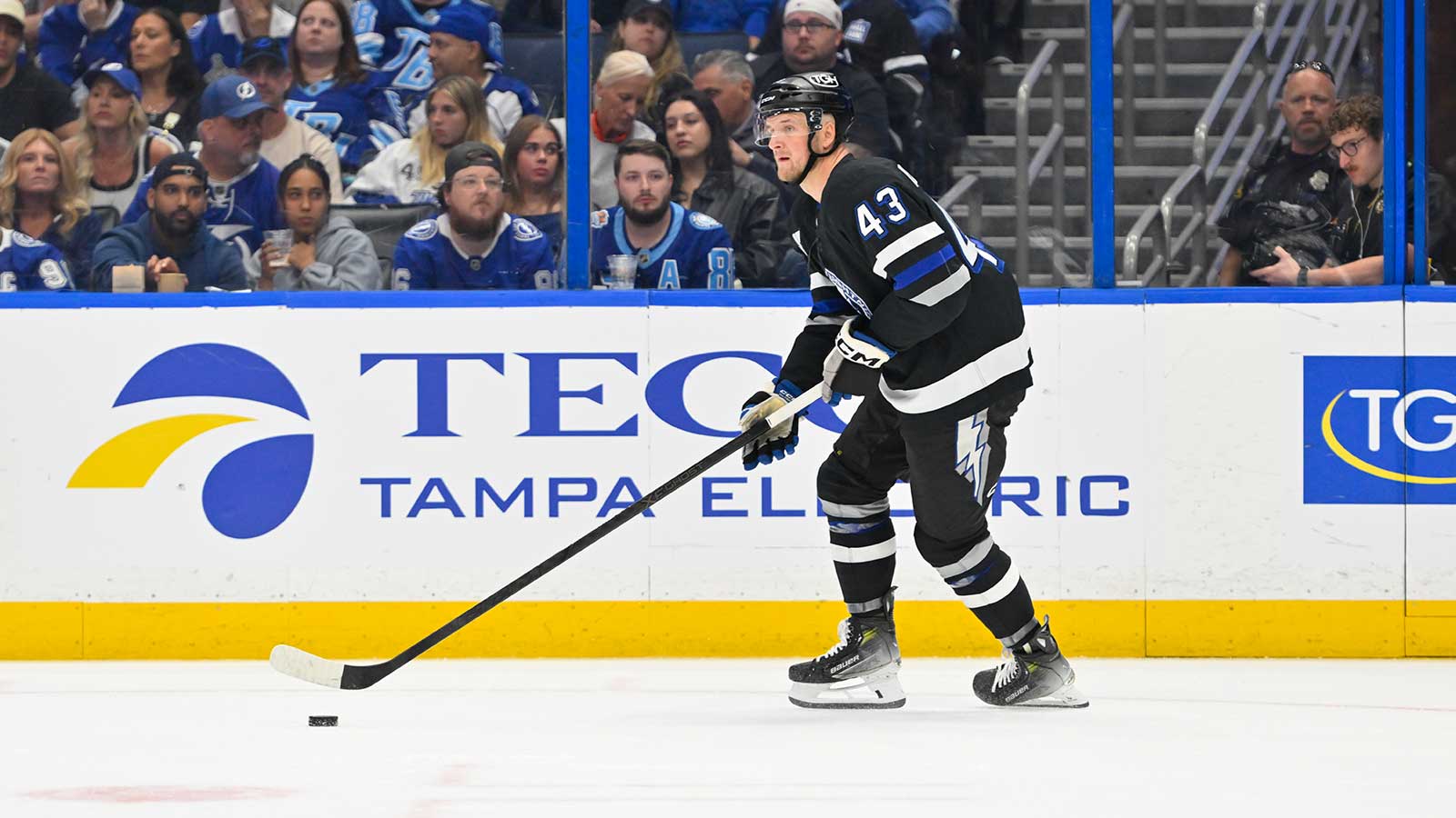 Tampa Bay Lightning defenseman Darren Raddysh (43) skates during the second period against Boston Bruins at Benchmark International Arena.