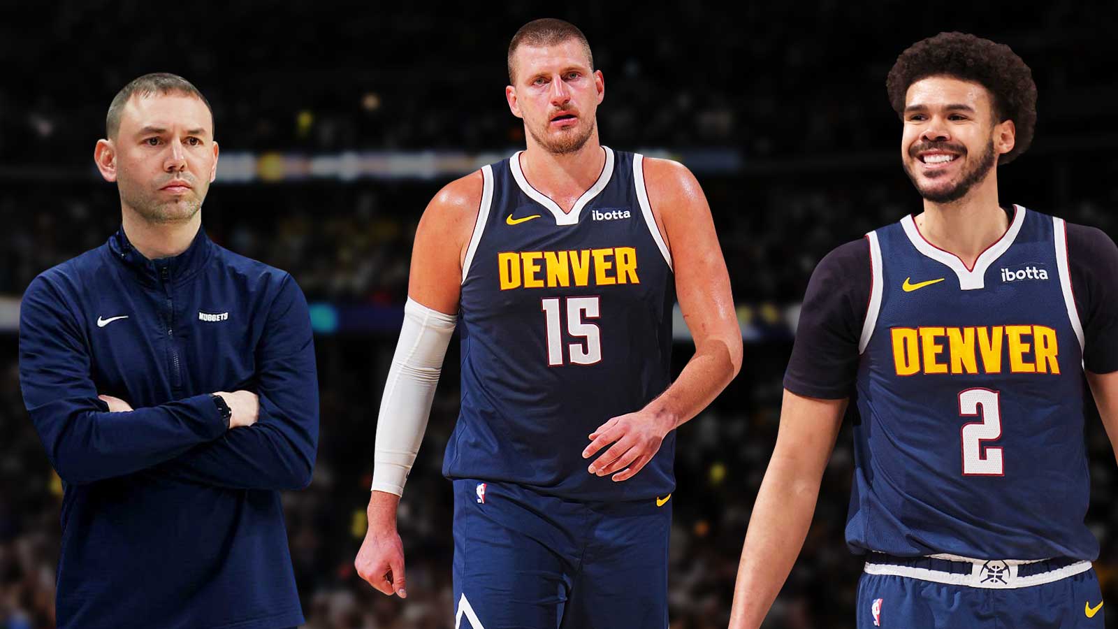 - Nikola Jokic in the middle - Cameron Johnson and coach David Adelman around him - Denver Nuggets wallpaper in the background