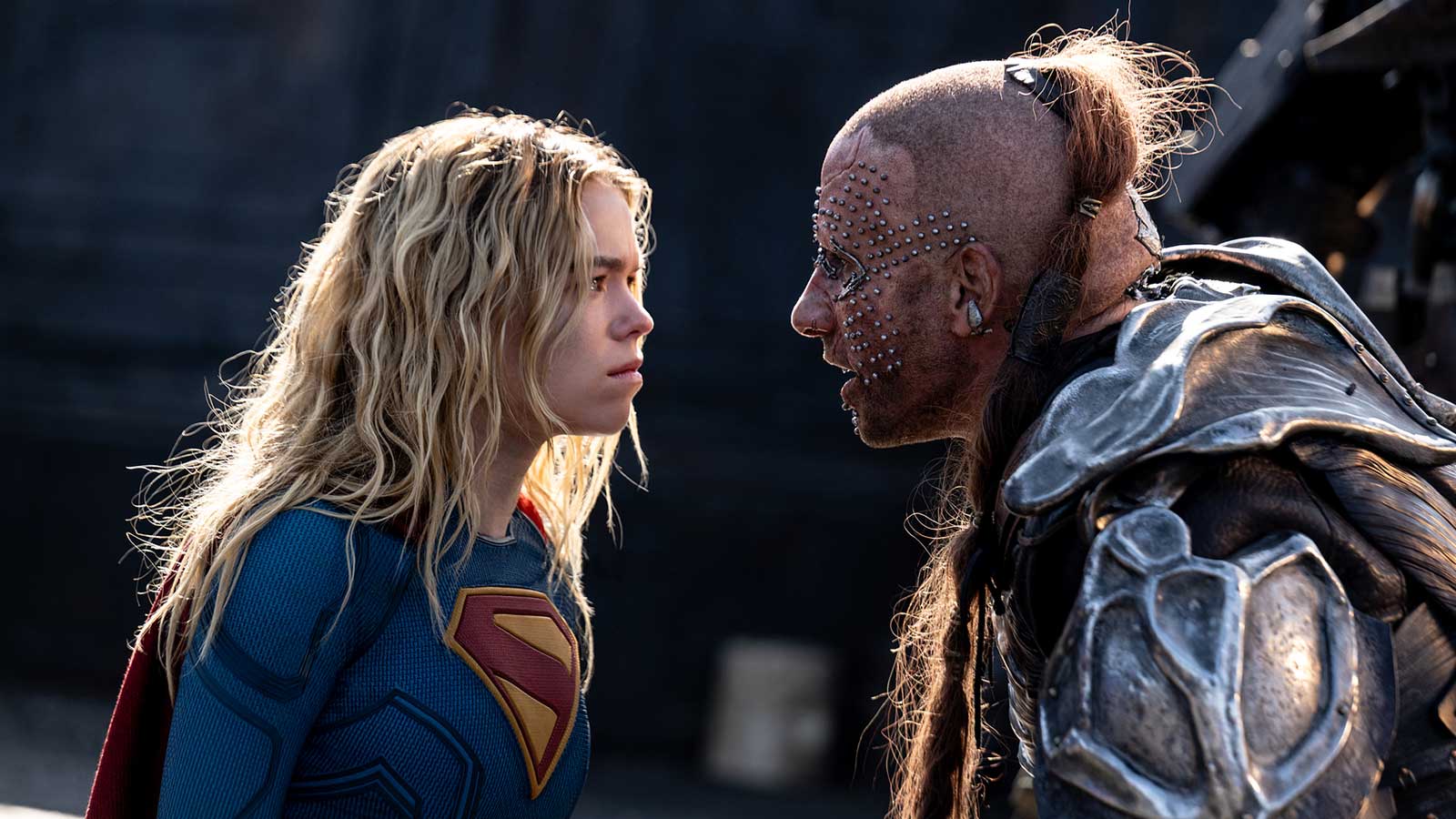 Milly Alcock and Matthias Schoenaerts as Supergirl and Krem.