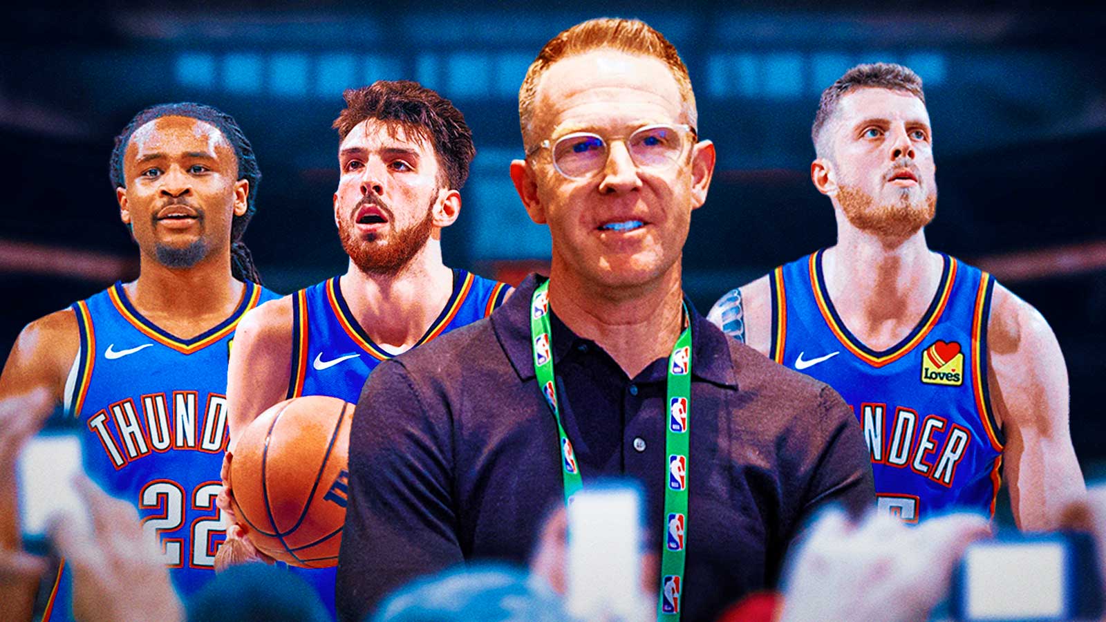 Thunder GM Sam Presti with Thunder All-Star Chet Holmgren, Thunder guard Cason Wallace, and Thunder center Isaiah Hartenstein behind him, and Oklahoma City's skyline in the background