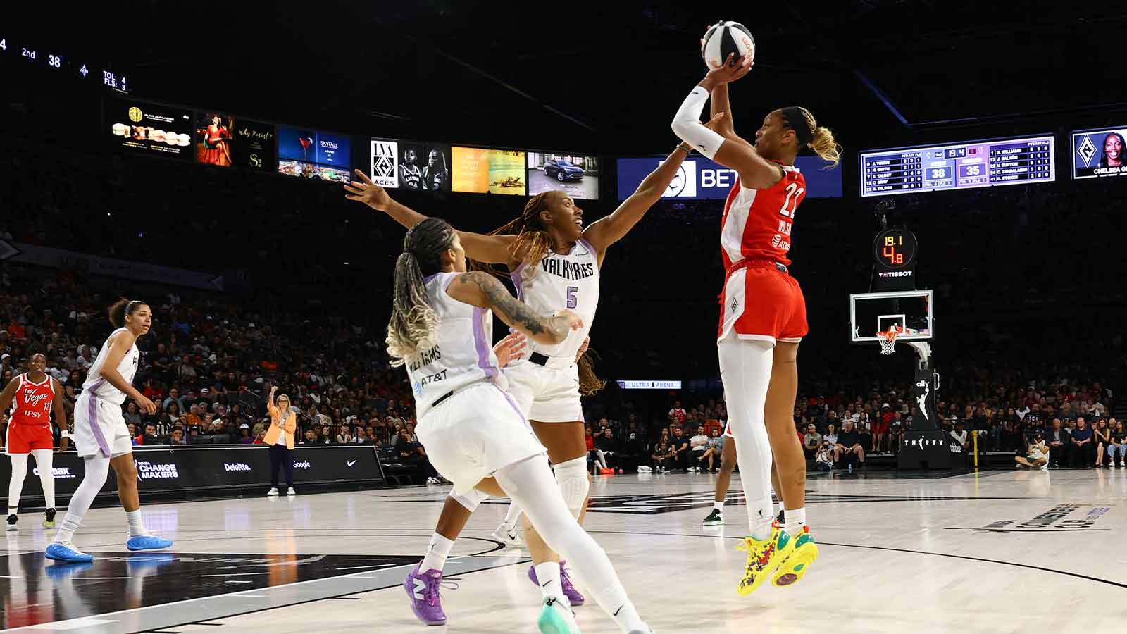Las Vegas Aces center A'ja Wilson (22) shoots over Golden State Valkyries forward Kayla Thornton (5) at Michelob Ultra Arena.