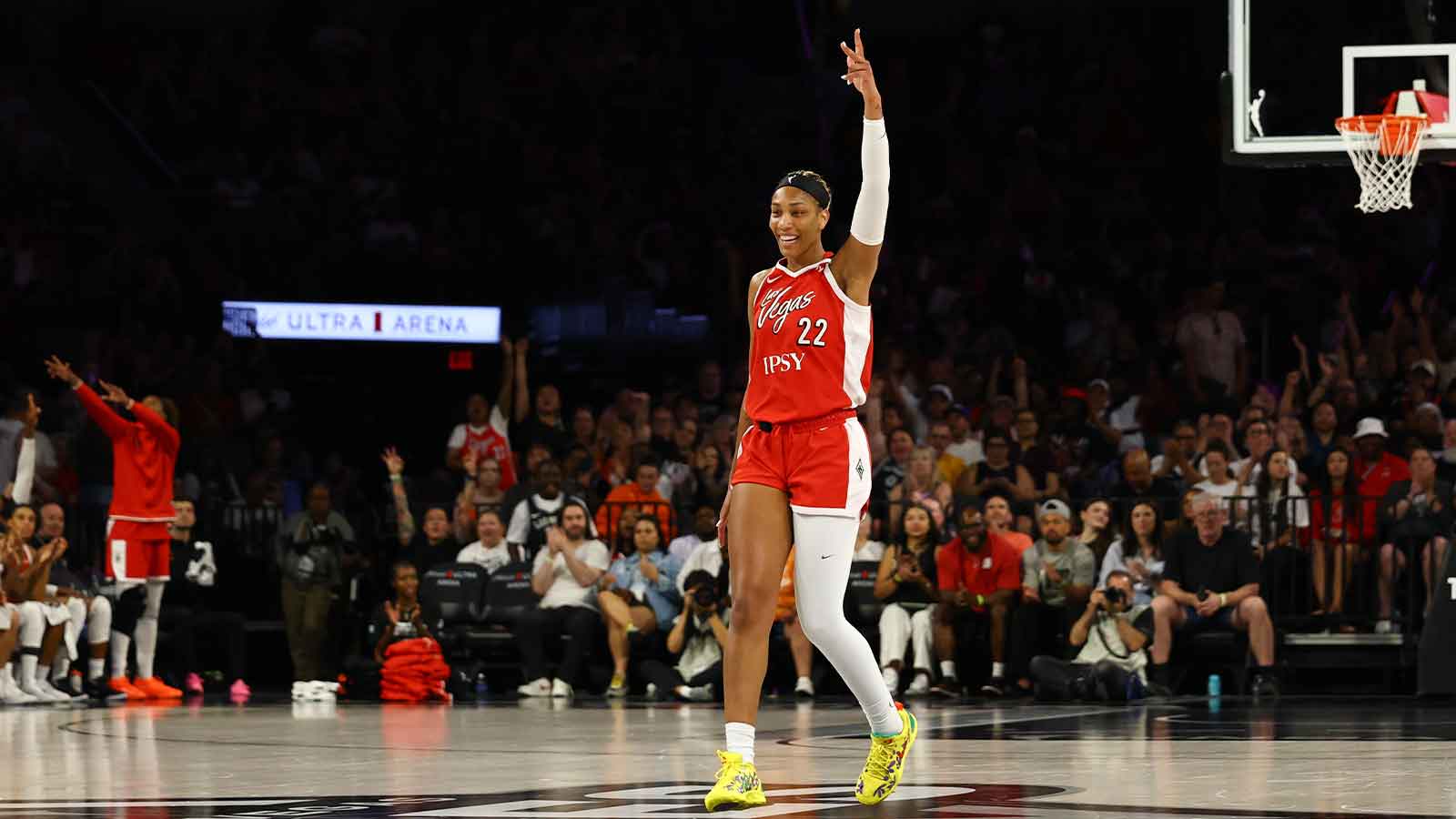 Las Vegas Aces center A'ja Wilson (22) gestures after a successful three point basket against the Golden State Valkyries at Michelob Ultra Arena.