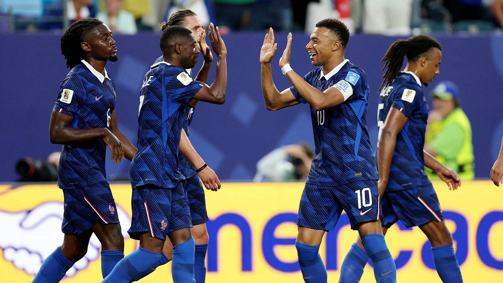 FIFA World Cup 2026 - Group I - France v Iraq - Philadelphia Stadium, Philadelphia, Pennsylvania, U.S. - June 22, 2026 France's Ousmane Dembele celebrates scoring their third goal with Kylian Mbappe, Manu Kone and Adrien Rabiot