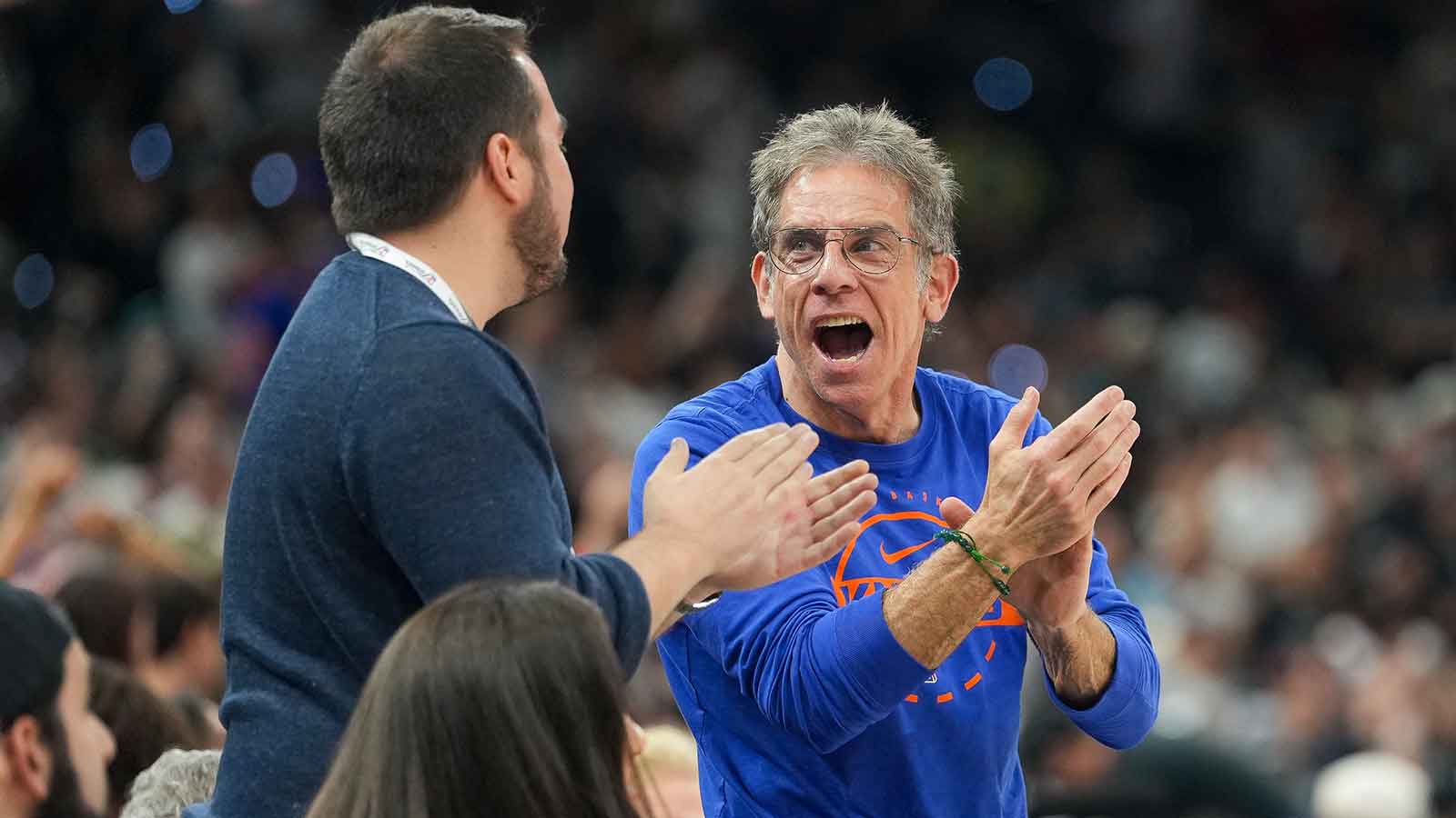Actor Ben Stiller celebrates during the fourth quarter during game two of the 2026 NBA Finals at Frost Bank Center.