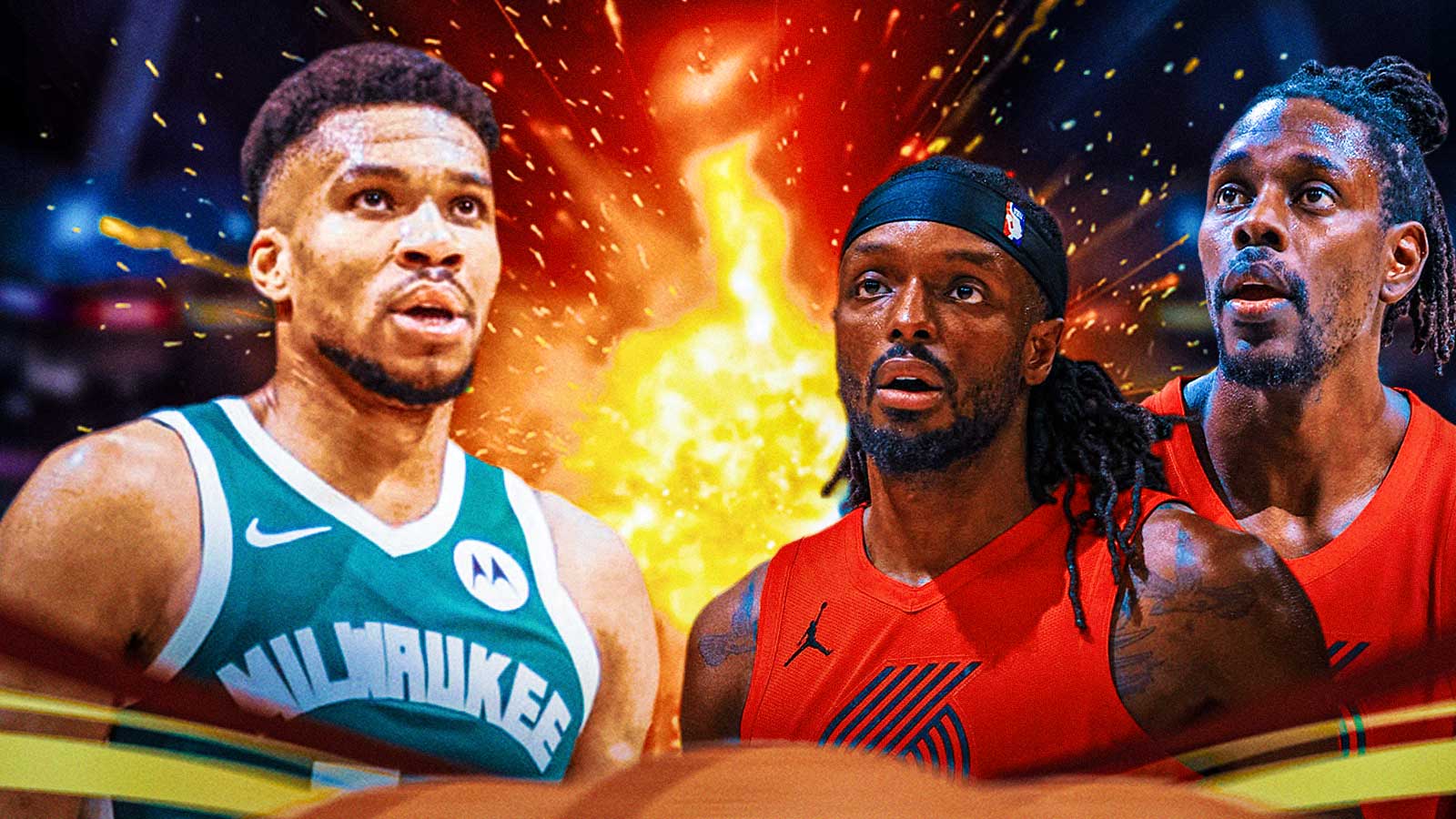 - Giannis Antetokounmpo on one side - Jrue Holiday, Jerami Grant on the other side - Explosions in the background