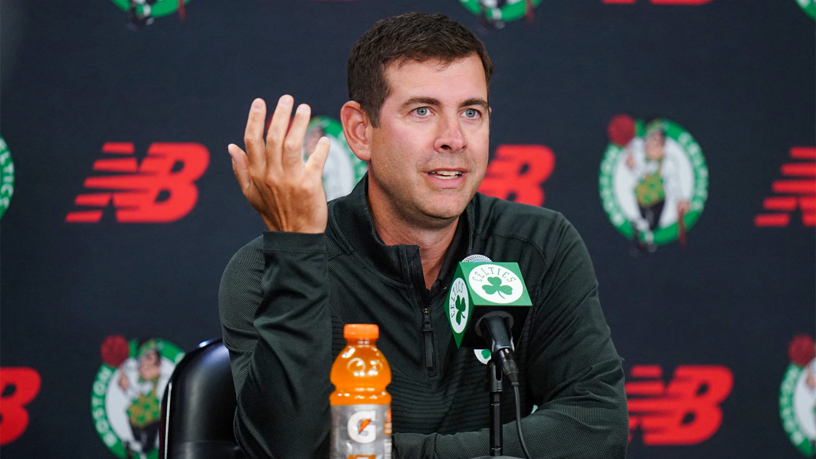 Boston Celtics president of basketball operations Brad Stevens talks to reporters during media day at the Auerbach Center. 