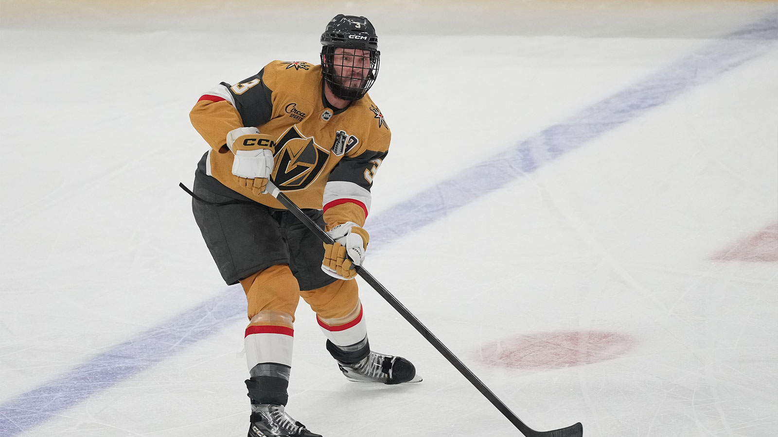 Colorado Avalanche center Parker Kelly (17) skates against Vegas Golden Knights defenseman Brayden McNabb (3) during the second period in game three of the Western Conference Final of the 2026 Stanley Cup Playoffs at T-Mobile Arena. 