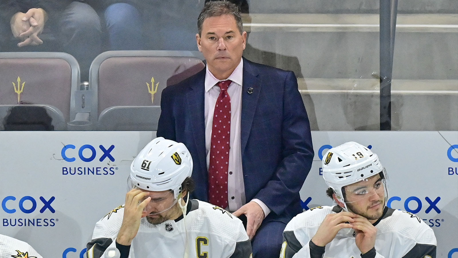 Vegas Golden Knights head coach Bruce Cassidy looks on prior to the game against the Arizona Coyotes at Mullett Arena. 