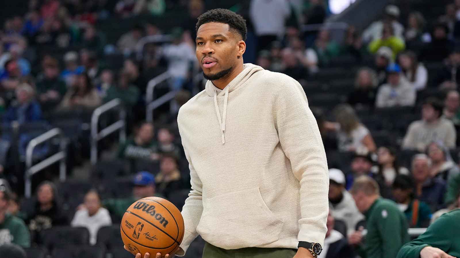 Bucks forward Giannis Antetokounmpo (34) looks on prior to the game against the Brooklyn Nets at Fiserv Forum