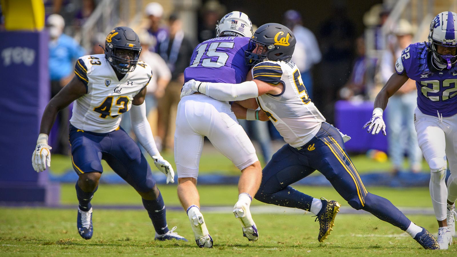 California Golden Bears linebacker Femi Oladejo (43) and linebacker Evan Tattersall (54) and TCU Horned Frogs quarterback Max Duggan (15) in action during the game between the TCU Horned Frogs and the California Golden Bears at Amon G. Carter Stadium. 