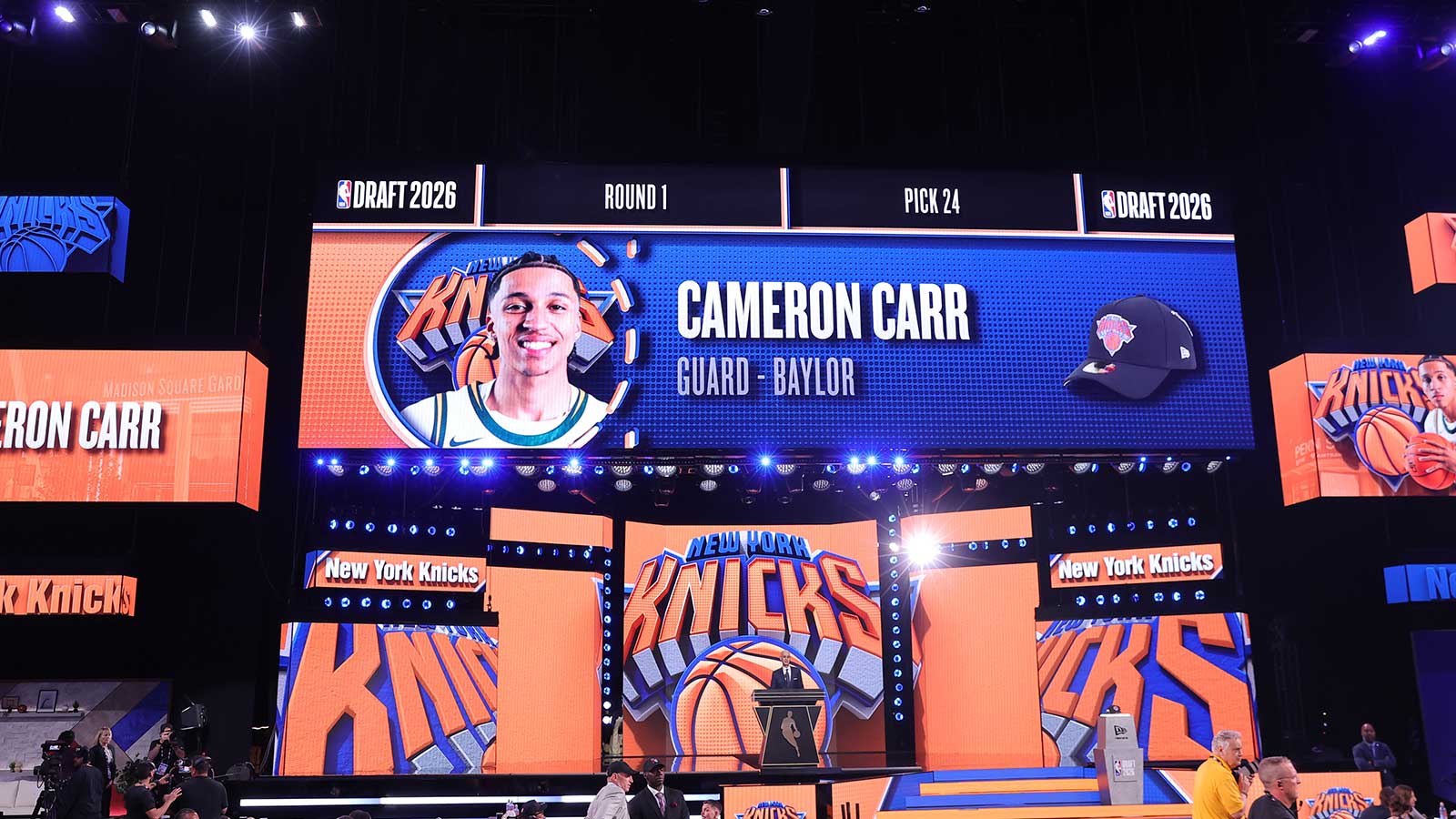 NBA commissioner Adam Silver announces the twenty fourth pick in the 2026 NBA draft, Baylor guard Cameron Carr after he was selected by the New York Knicks at Barclays Center. 