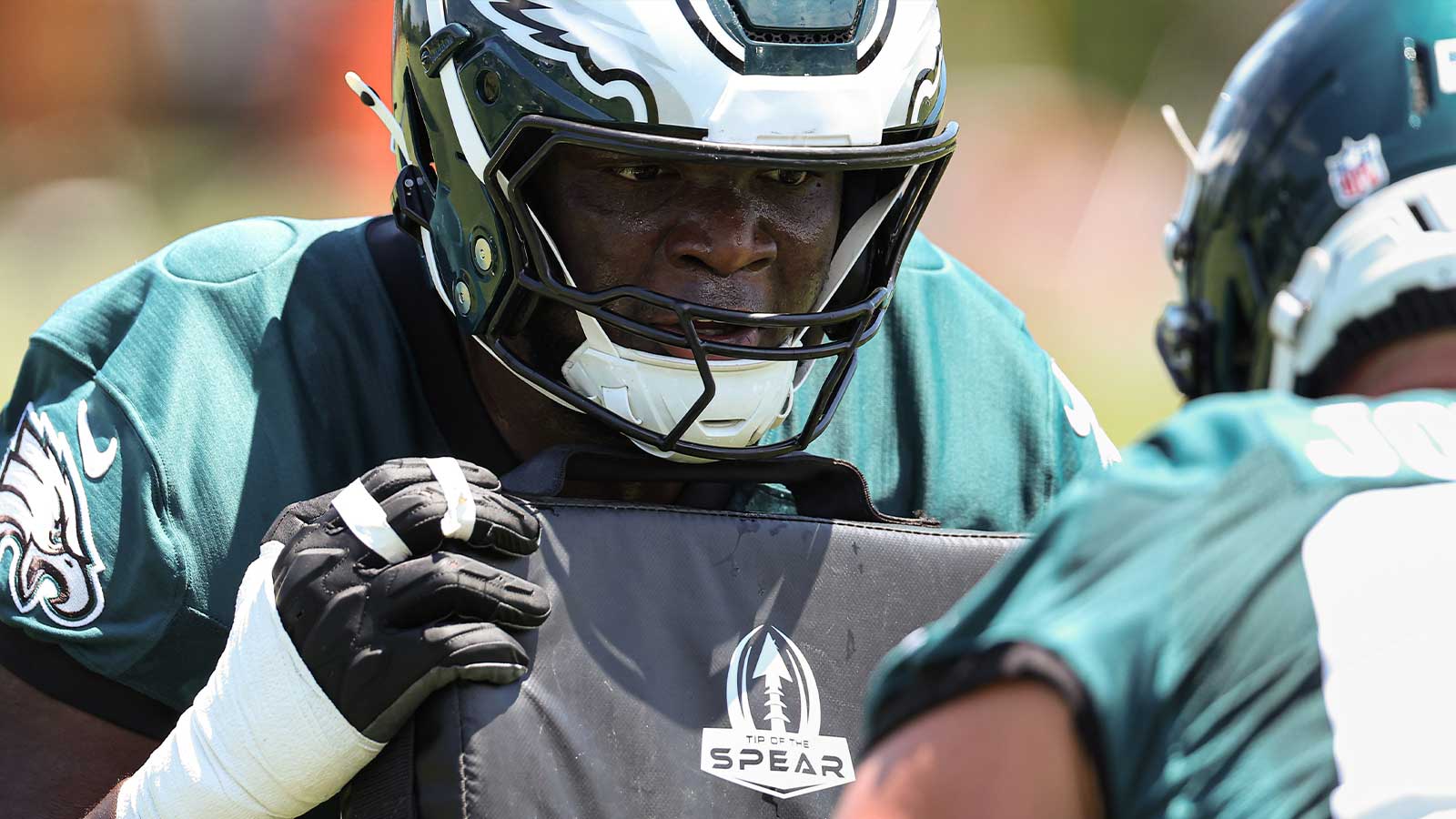Philadelphia Eagles offensive tackle Cameron Williams (73) runs drills during minicamp at Jefferson Health Training Complex. Mandatory Credit: Bill Streicher-Imagn Images