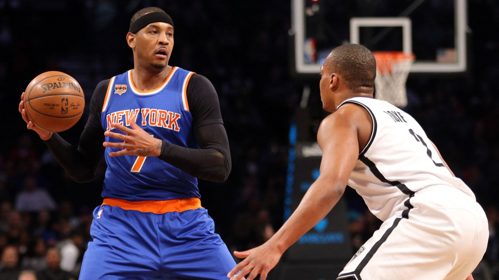 New York Knicks small forward Carmelo Anthony (7) controls the ball against Brooklyn Nets shooting guard Randy Foye (2) during the first quarter at Barclays Center.