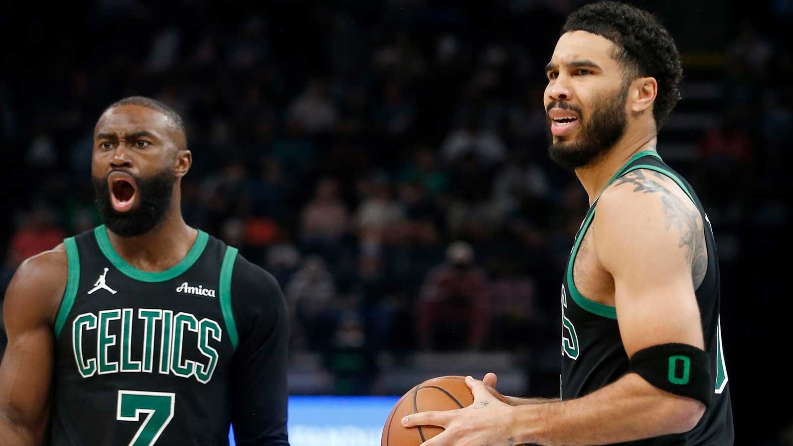 Celtics guard Jaylen Brown (7) and forward Jayson Tatum (0) react during the third quarter against the Memphis Grizzliesat FedExForum