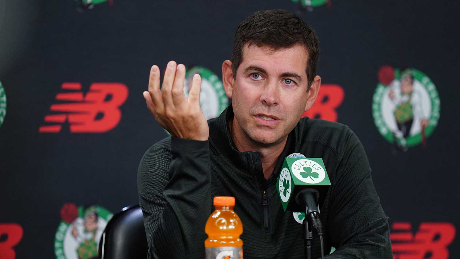 Celtics president of basketball operations Brad Stevens talks to reporters during media day at the Auerbach Center