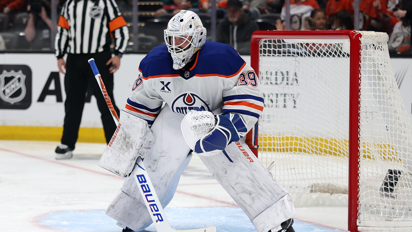 Edmonton Oilers goaltender Connor Ingram (39) defends the goal during the second period against the Anaheim Ducks in game three of the first round of the 2026 Stanley Cup Playoffs at Honda Center. 