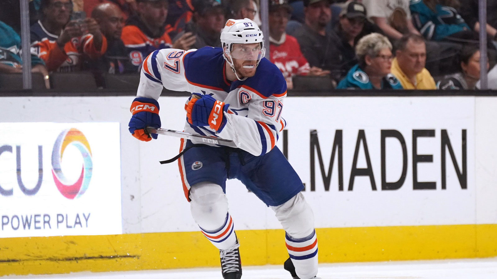 Edmonton Oilers center Connor McDavid (97) follows the action against the San Jose Sharks during the second period at SAP Center at San Jose. 