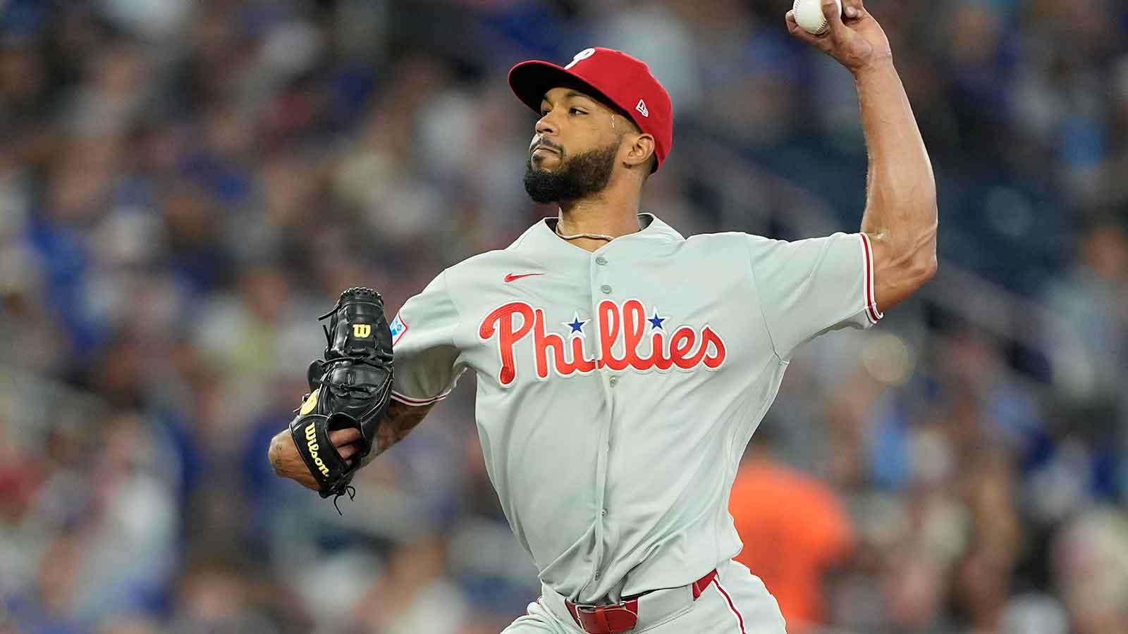 Philadelphia Phillies starting pitcher Cristopher Sanchez (61) pitches to the Toronto Blue Jays during the seventh inning at Rogers Centre