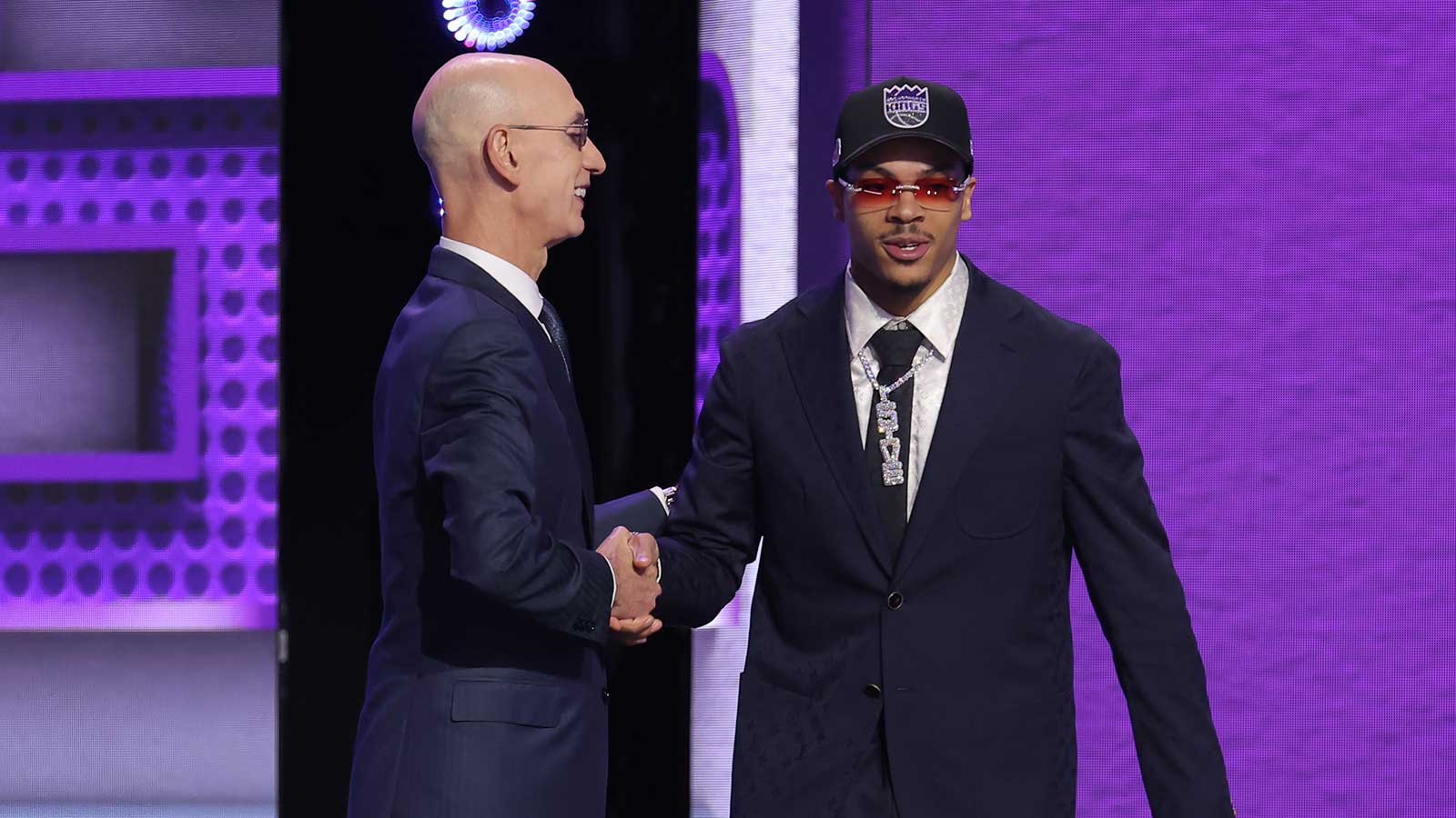 NBA commissioner Adam Silver greets the seventh pick in the 2026 NBA draft, Arkansas guard Darius Acuff Jr. after he was selected by the Sacramento Kings at Barclays Center. 
