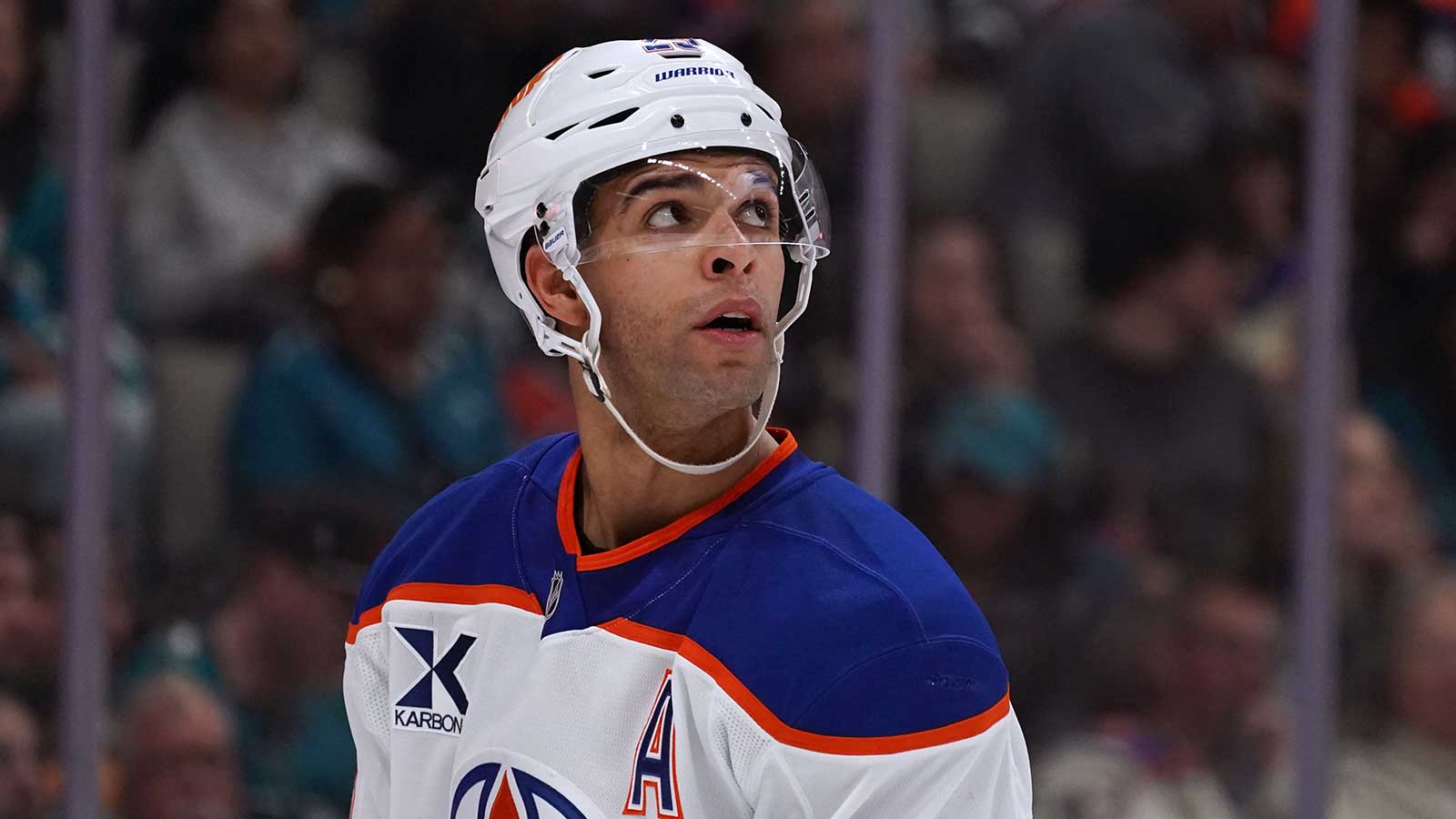 Edmonton Oilers defenseman Darnell Nurse (25) looks up at the scoreboard during a break in the action against the San Jose Sharks during the second period at SAP Center at San Jose.