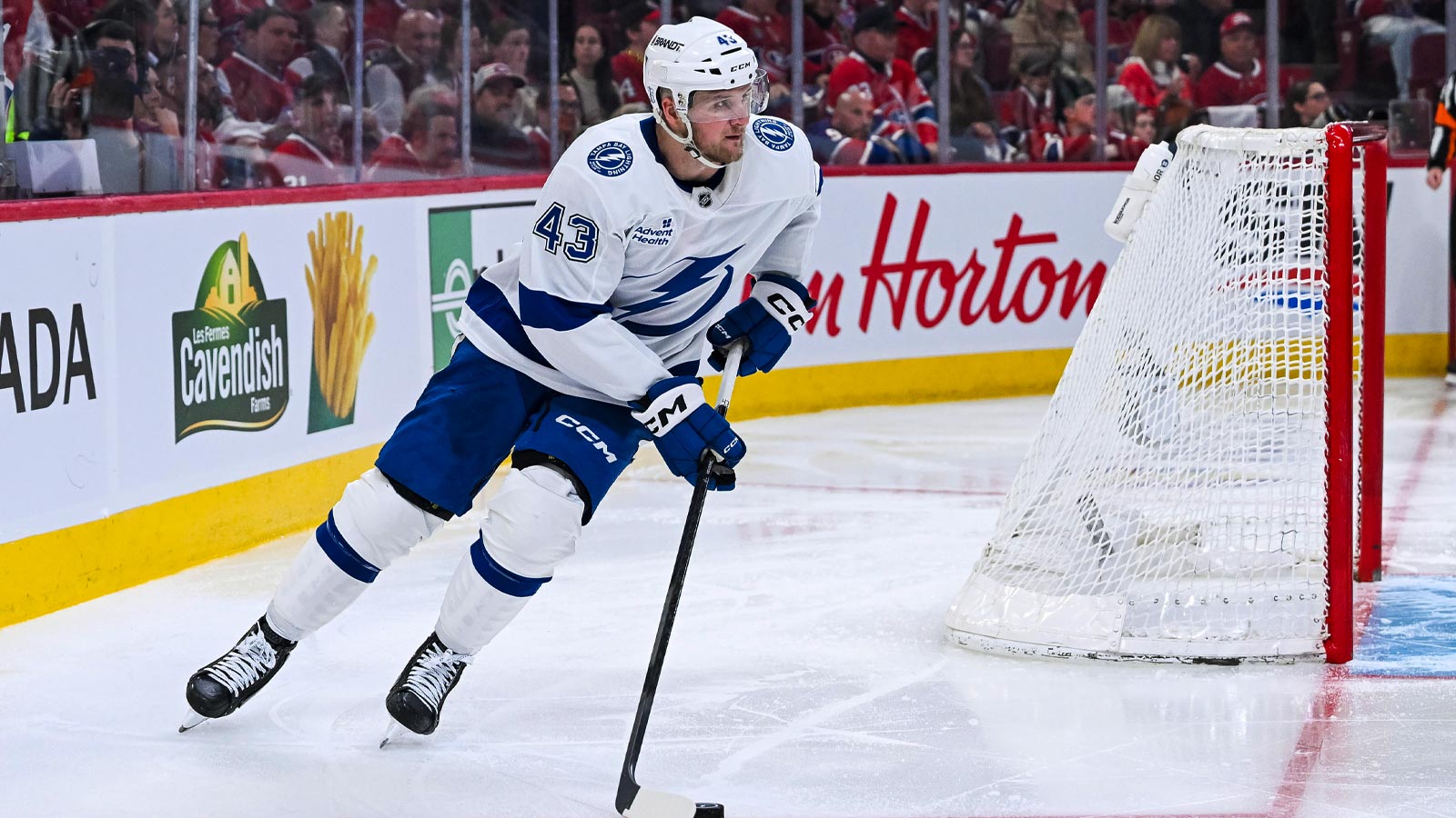 Tampa Bay Lightning defenseman Darren Raddysh (43) plays the puck against the Montreal Canadiens during the third period in game four of the first round of the 2026 Stanley Cup Playoffs at Bell Centre.