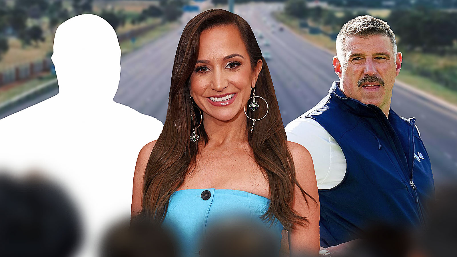 Dianna Russini in the middle of a silhouette of an NFL coach and Mike Vrabel.