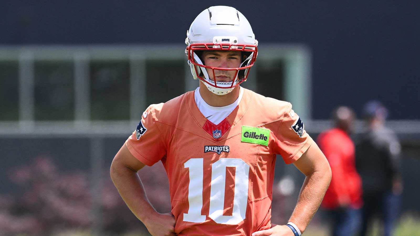Jun 2, 2026; Foxborough, MA, USA; New England Patriots quarterback Drake Maye (10) looks on during the team's OTA at Gillette Stadium. Mandatory Credit: Eric Canha-Imagn Images